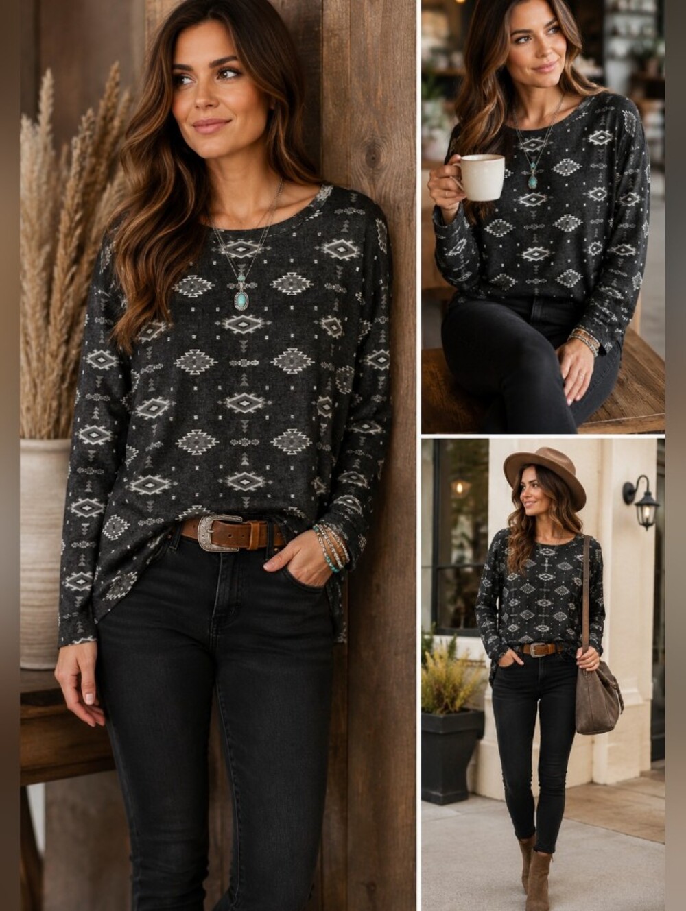 Pull&Bear Black and Gray Southwestern Aztec Print Long Sleeve Top